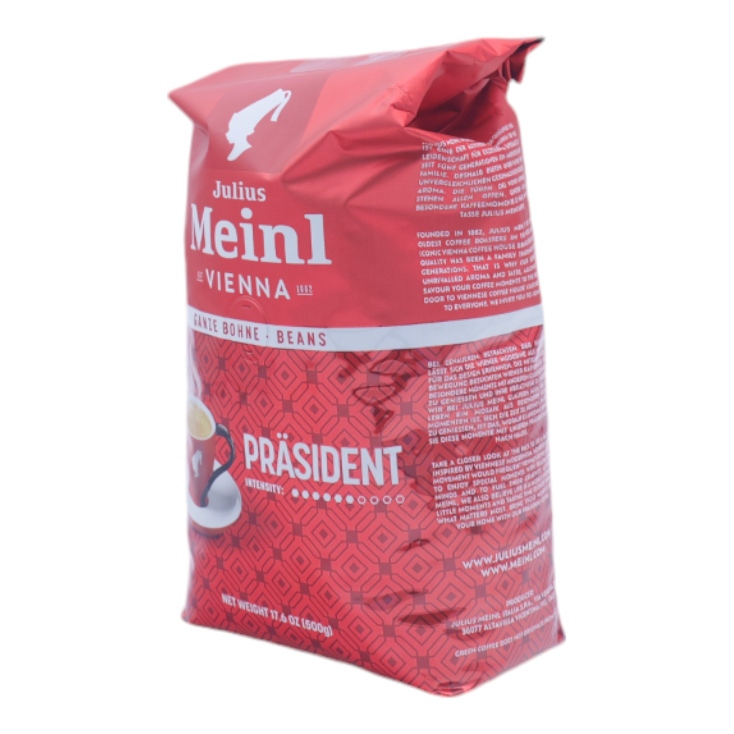 Confezione di caffè rossa con testo. Marchio: Julius Meinl. Etichetta 'Präsident'. Contiene chicchi di caffè.