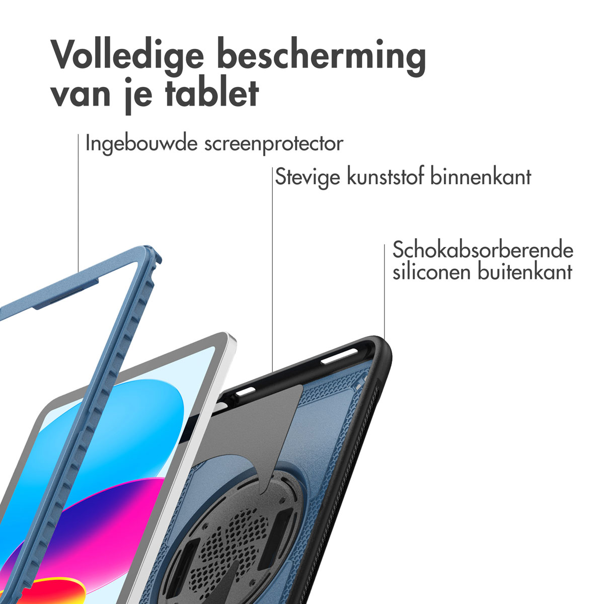 Étui pour tablette avec cadre bleu, protecteur d'écran et couche extérieure en silicone absorbant les chocs. Texte sur la protection.