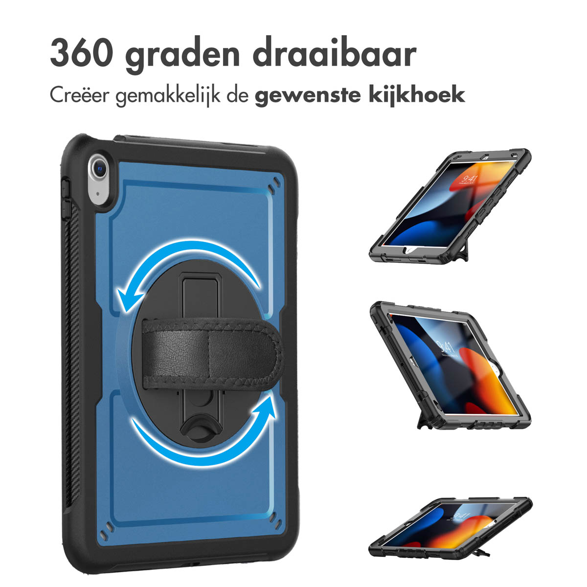 Un iPad dans un étui bleu et noir. L'étui possède une dragonne et un support. Plusieurs vues de l'iPad sont présentées.