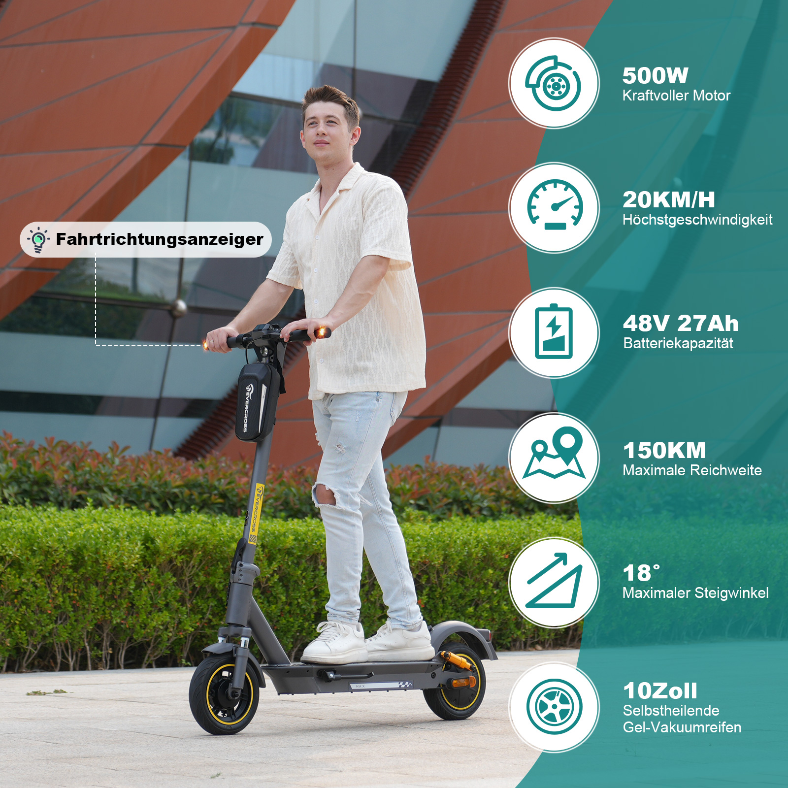 Ein Mann auf einem Elektroroller. Er trägt ein beiges Hemd und Jeans. Der Roller hat gelbe Akzente. Text zeigt Spezifikationen.