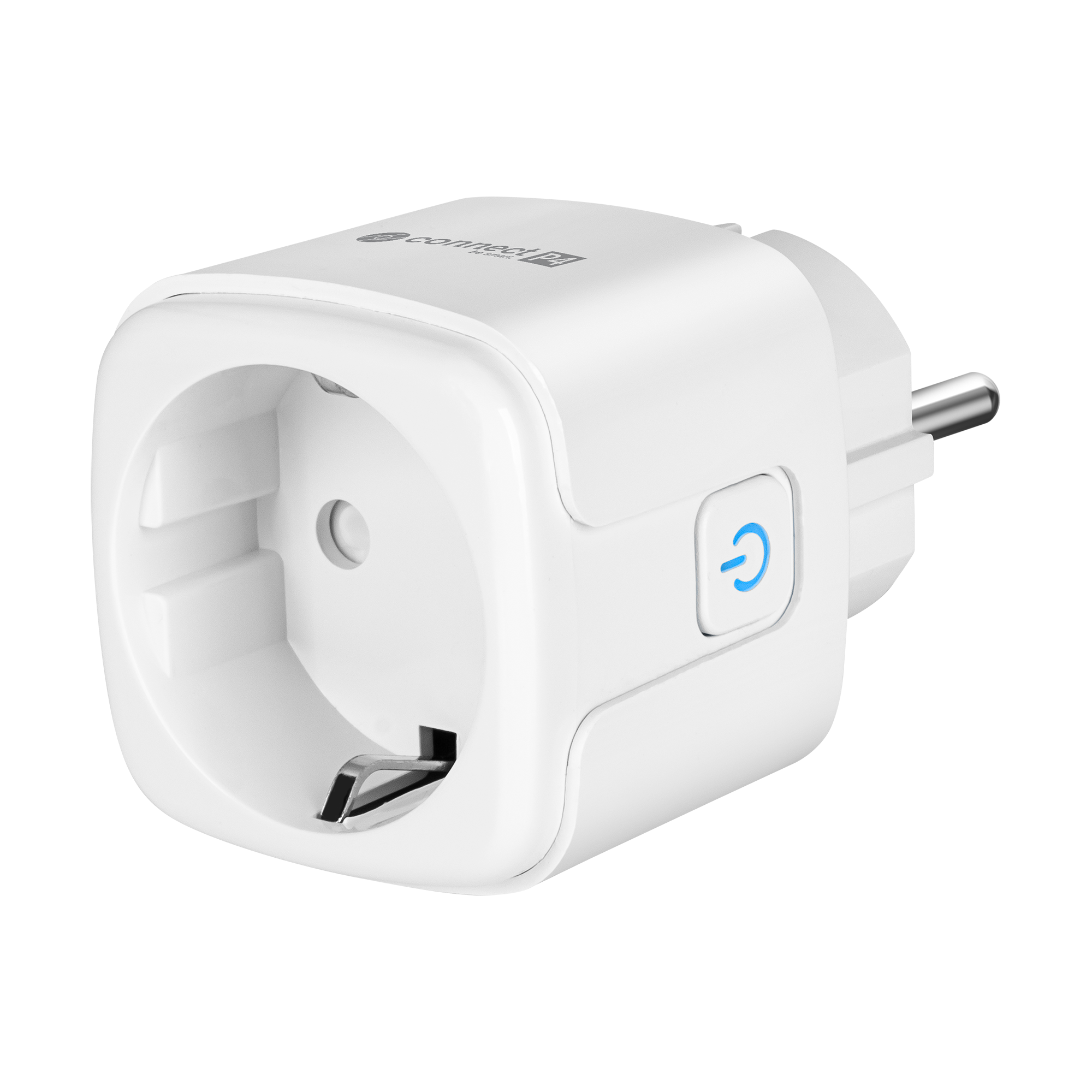 Biała inteligentna wtyczka z niebieskim przyciskiem zasilania. Ma gniazdo i metalowy bolec uziemiający. Tło jest gradientowe.