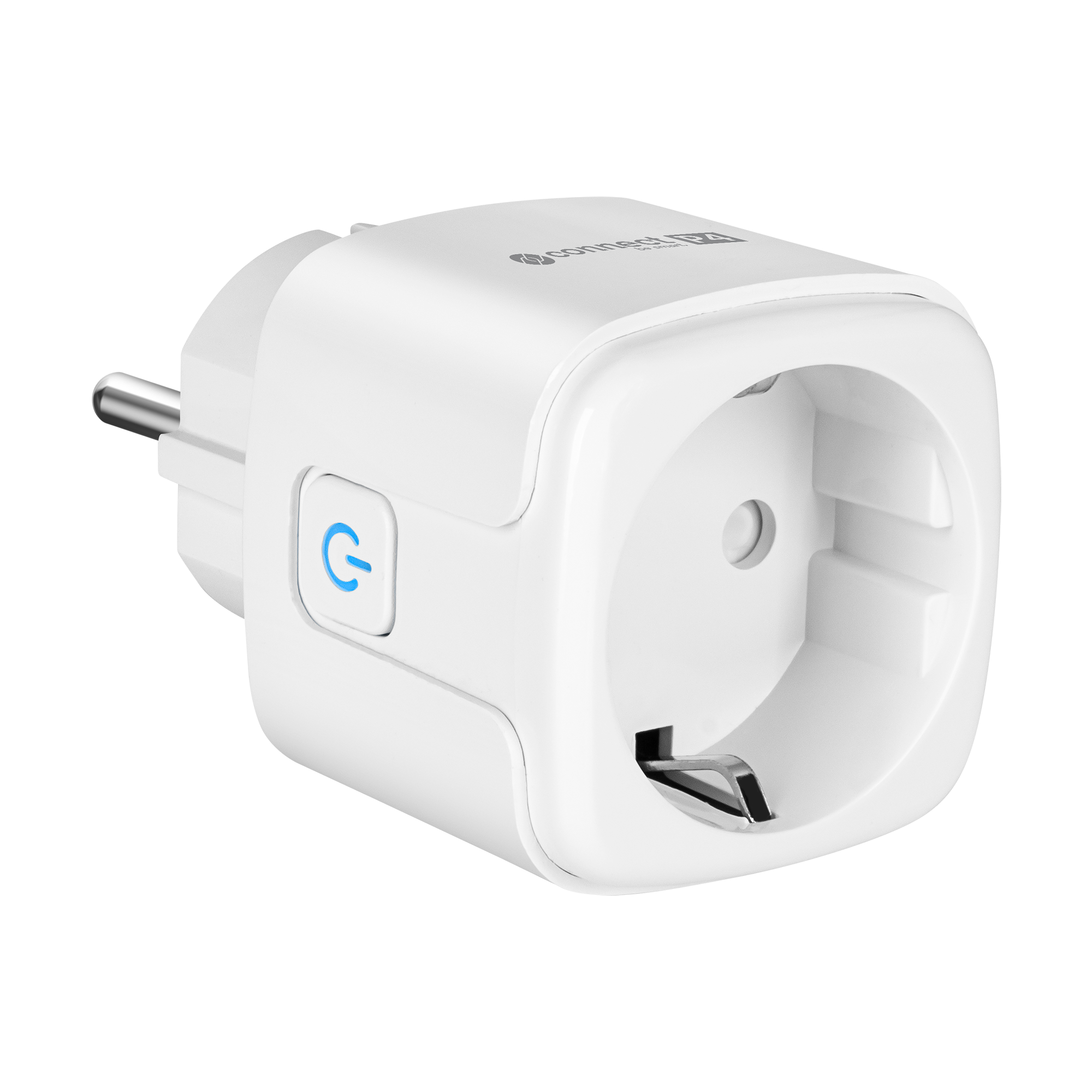 Biała inteligentna wtyczka z przyciskiem zasilania i gniazdem. Ma metalowy bolec uziemiający i niebieski symbol zasilania.
