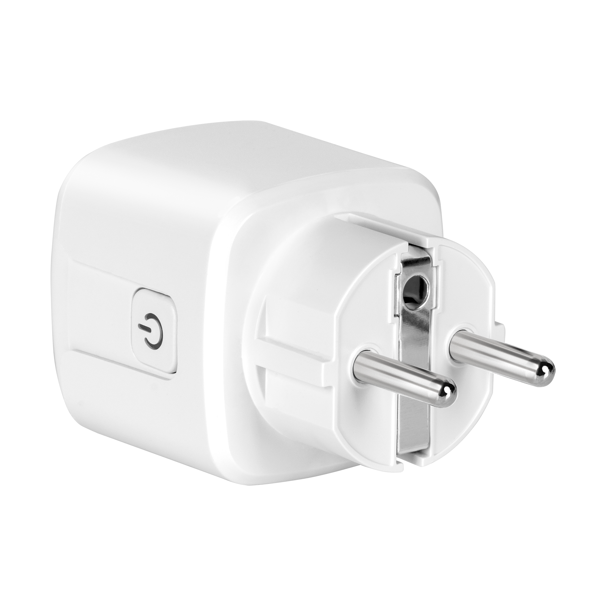 Biała wtyczka smart z dwoma metalowymi pinami. Ma symbol przycisku zasilania i jest na neutralnym tle.