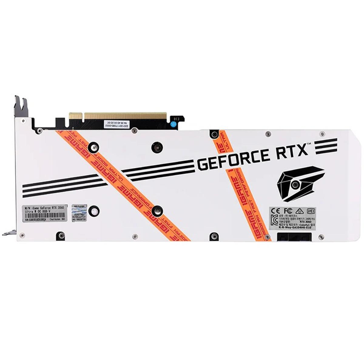 Una scheda grafica GeForce RTX 3060 bianca con nastro arancione. Il testo include 'iGame', 'GEFORCE RTX' e informazioni sul modello.