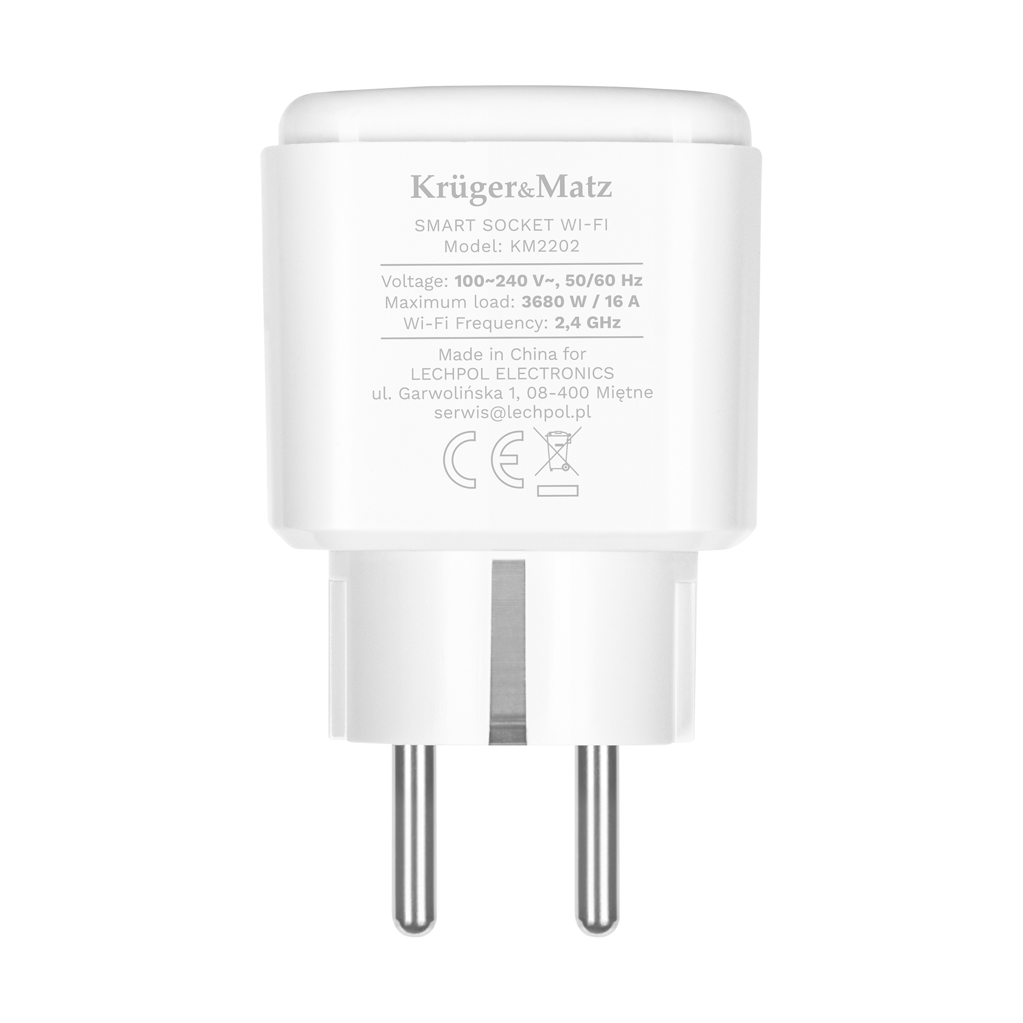 Białe gniazdo smart Wi-Fi z dwoma srebrnymi bolcami. Tekst zawiera markę, model, napięcie, obciążenie, częstotliwość Wi-Fi i producenta.