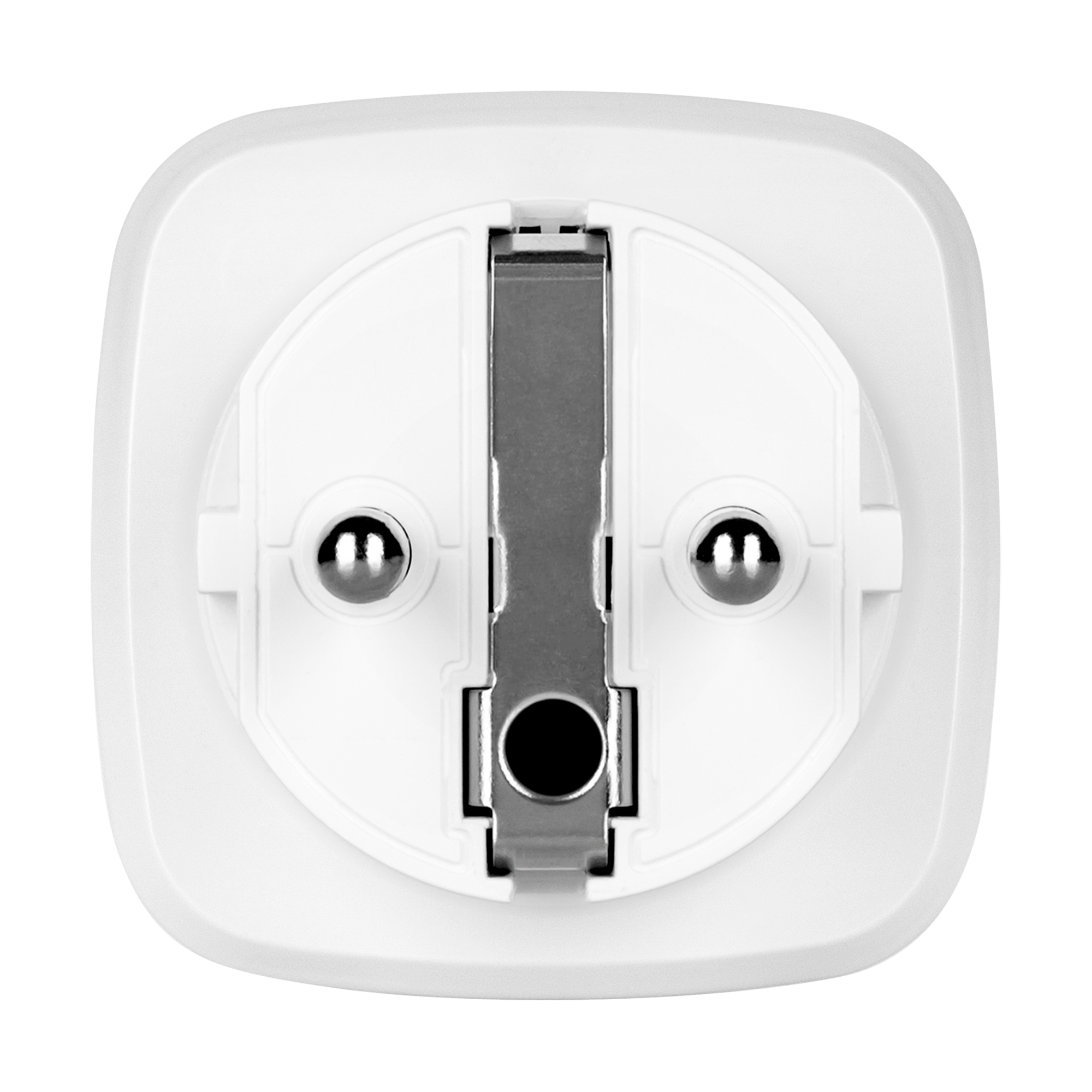 Zbliżenie białej wtyczki elektrycznej. Ma dwa metalowe piny, zacisk uziemiający i centralny otwór.