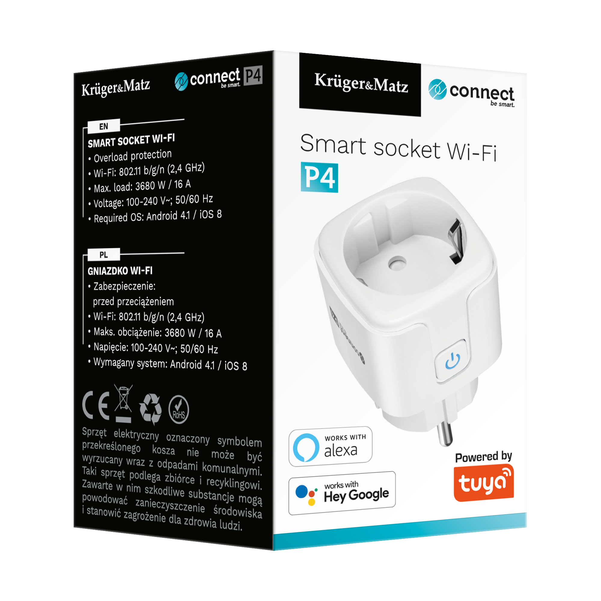 Białe gniazdo Wi-Fi Smart z oznaczeniem P4, z przyciskiem zasilania, obok pudełka ze specyfikacjami w języku polskim i angielskim.