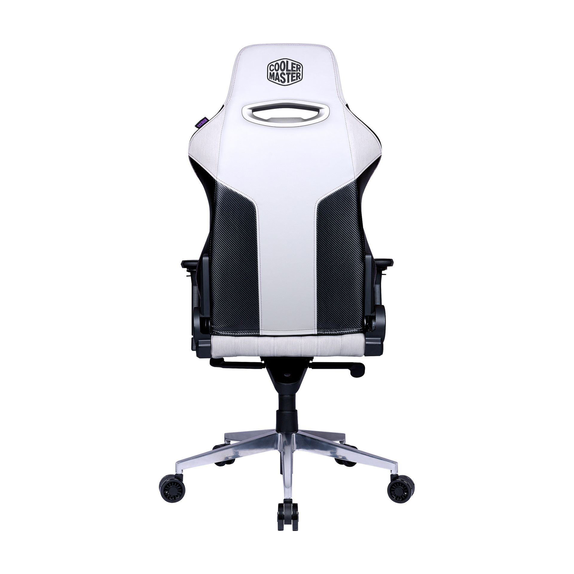 Una sedia da gaming bianca e nera con il logo Cooler Master sul poggiatesta, su sfondo bianco.