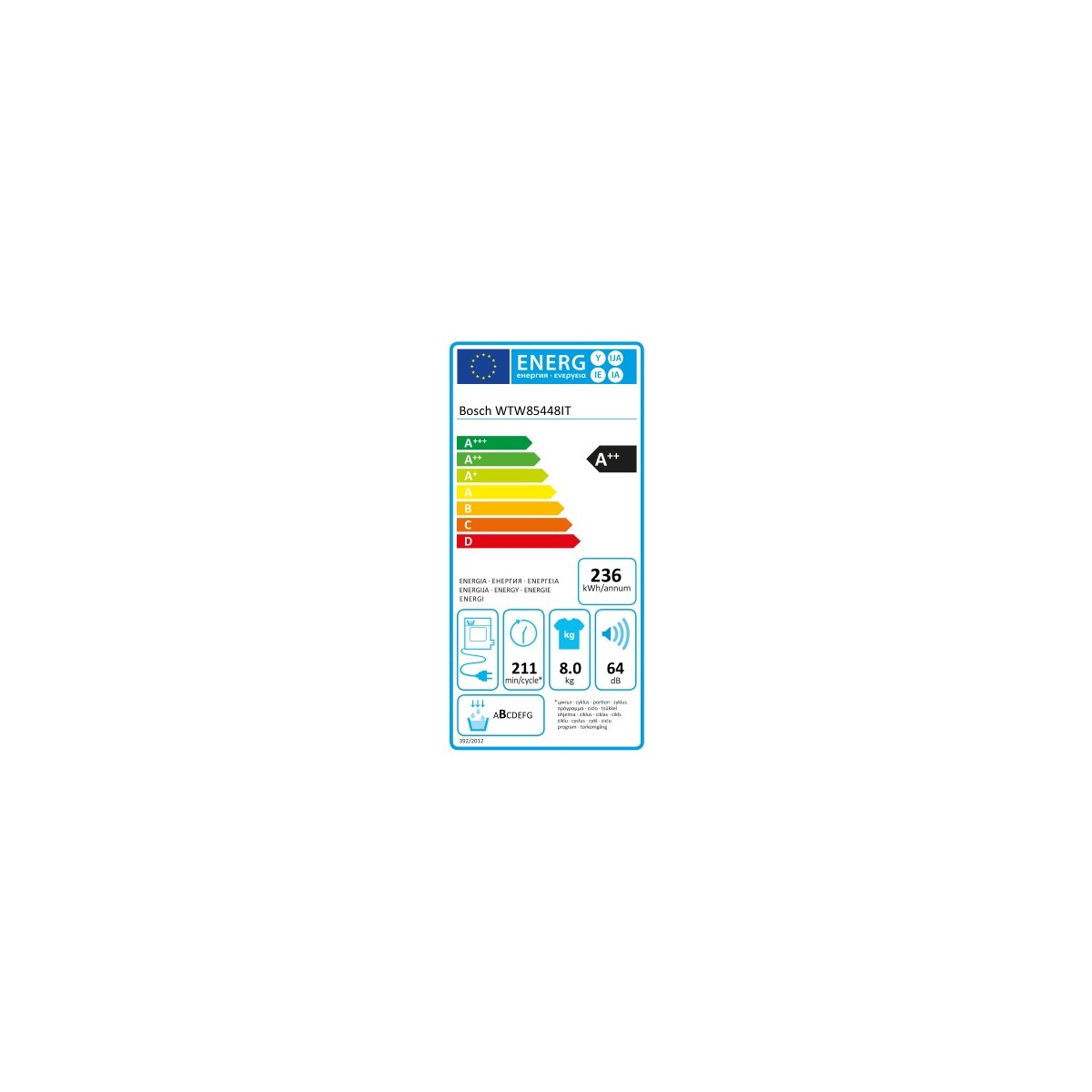Etichetta energetica per Bosch WTW85448IT, mostra classe A++, consumo e altre specifiche.