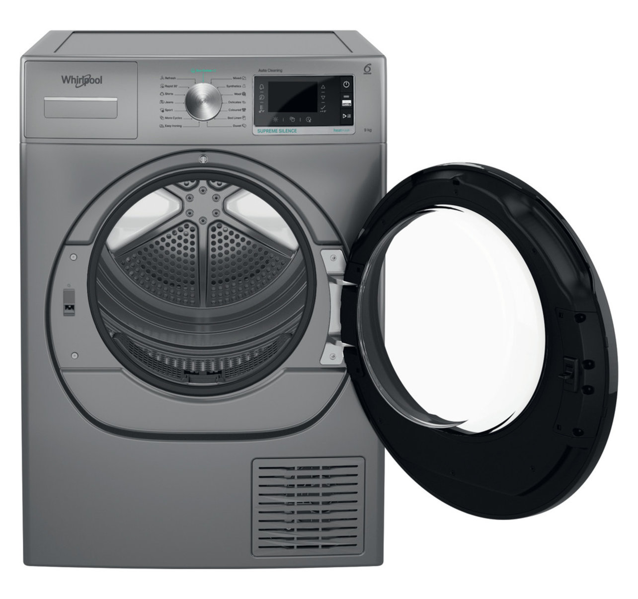 Un'asciugatrice Whirlpool grigia con la porta aperta. Il cestello è visibile. I comandi e il display sono in alto. La porta ha un telaio nero.