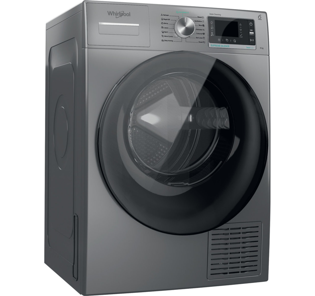 Un'asciugatrice Whirlpool grigia. Ha una grande porta di vetro scuro, un pannello di controllo e uno sfiato in basso. Il marchio è visibile.