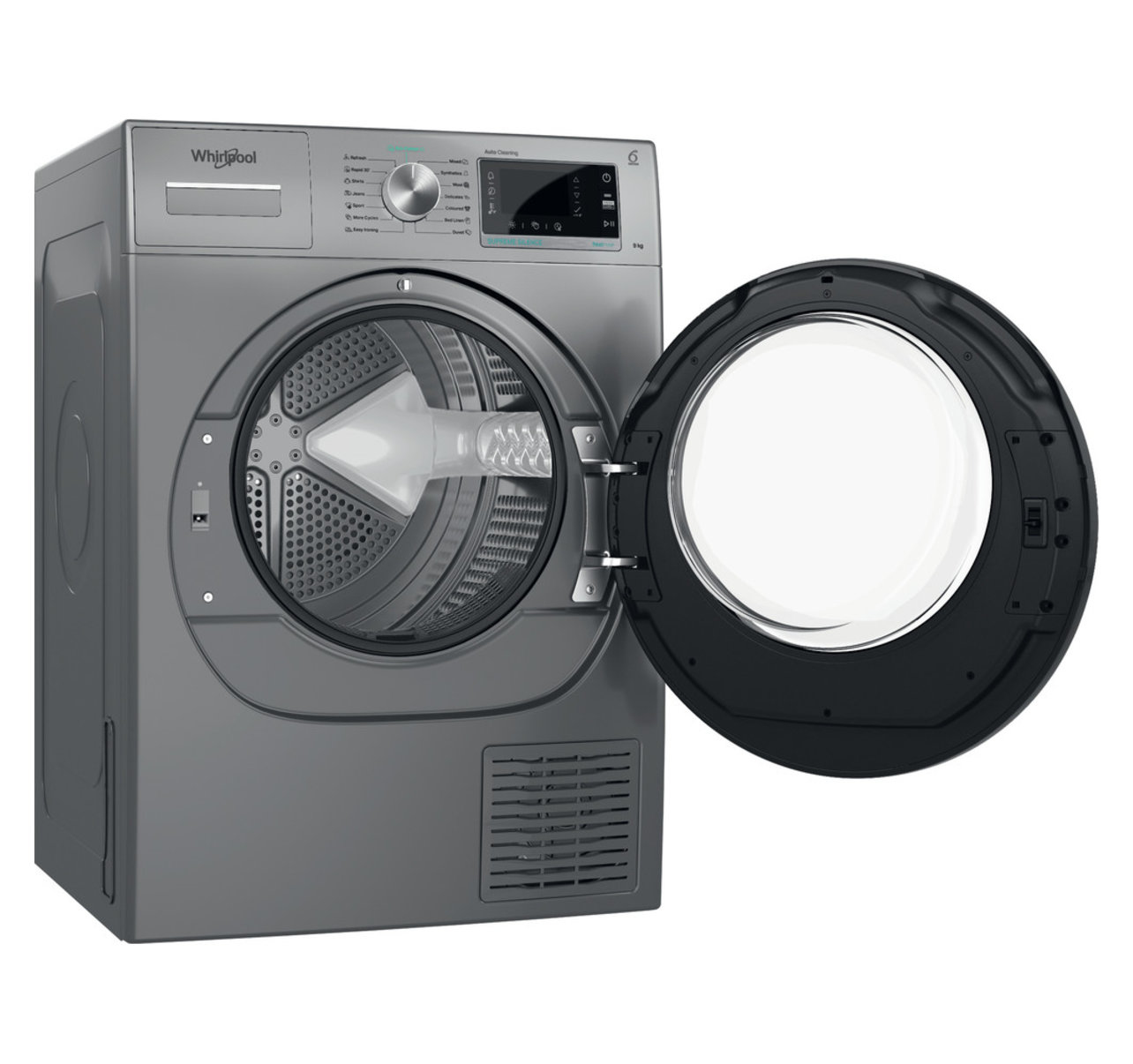 Un'asciugatrice grigia Whirlpool con la porta aperta. L'interno del cestello è visibile. Il pannello di controllo è in alto. La porta ha un bordo nero.
