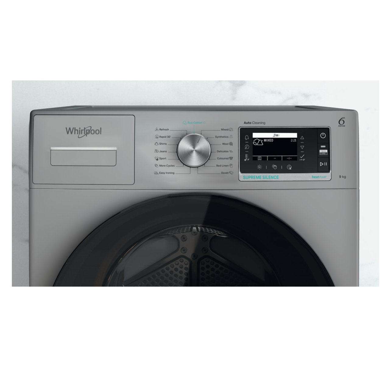 Un'asciugatrice Whirlpool con pannello di controllo. Ha un quadrante per le impostazioni, un display digitale e pulsanti. L'oblò è nero.