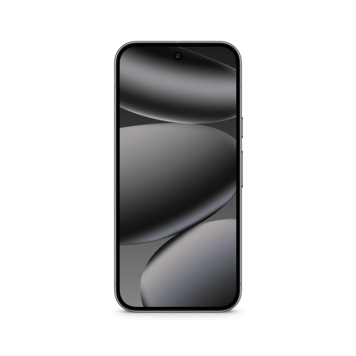 Smartfon na białym tle. Ekran wyświetla szary, abstrakcyjny wzór. Telefon ma czarną ramkę z bocznymi przyciskami.