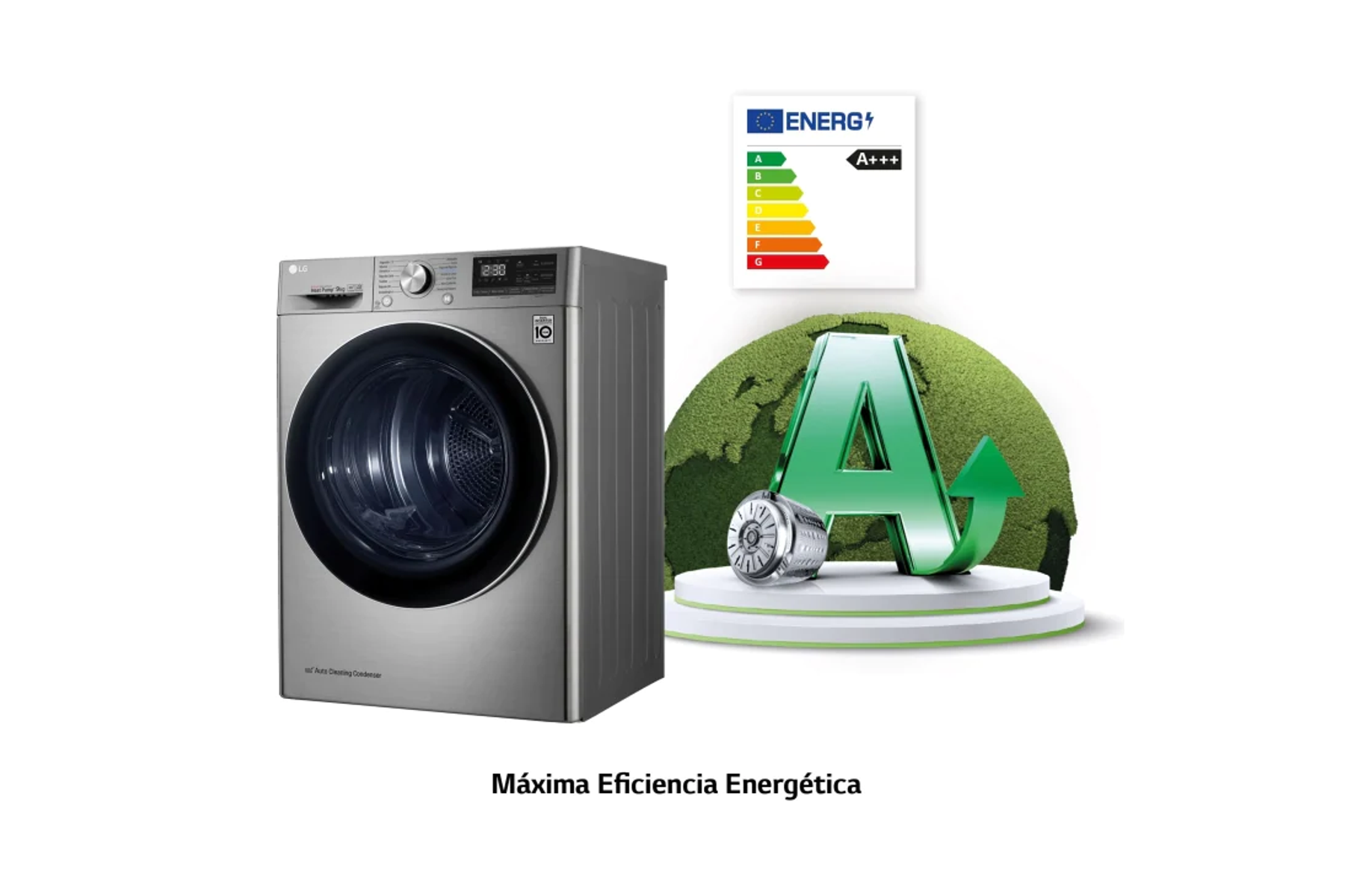 Srebrna suszarka LG z etykietą efektywności energetycznej i zielonym symbolem 'A'. Tekst brzmi 'Máxima Eficiencia Energética'.