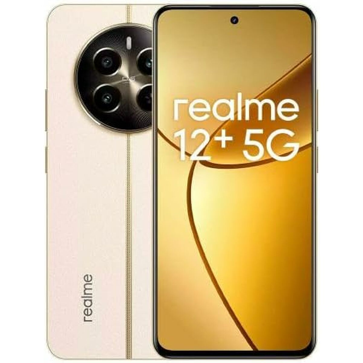 È mostrato uno smartphone Realme 12+ 5G dorato. Il retro ha un array di fotocamere e il logo Realme. Lo schermo mostra il nome del telefono.