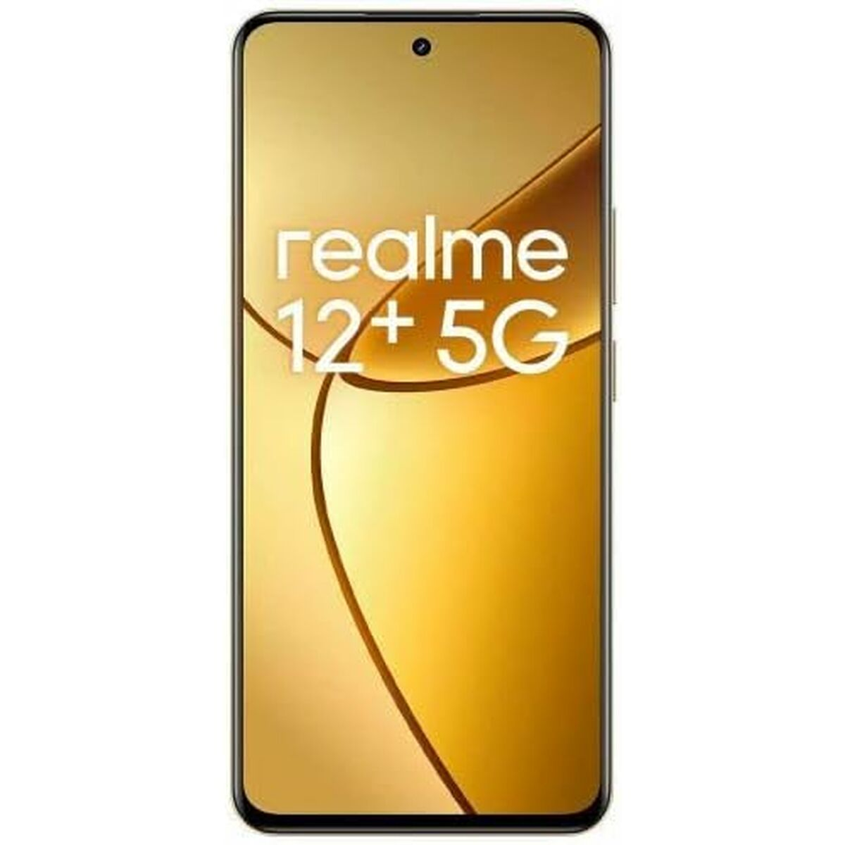 Uno smartphone Realme 12+ 5G dorato. Lo schermo mostra il nome del marchio e il modello. Una cornice nera circonda il telefono.