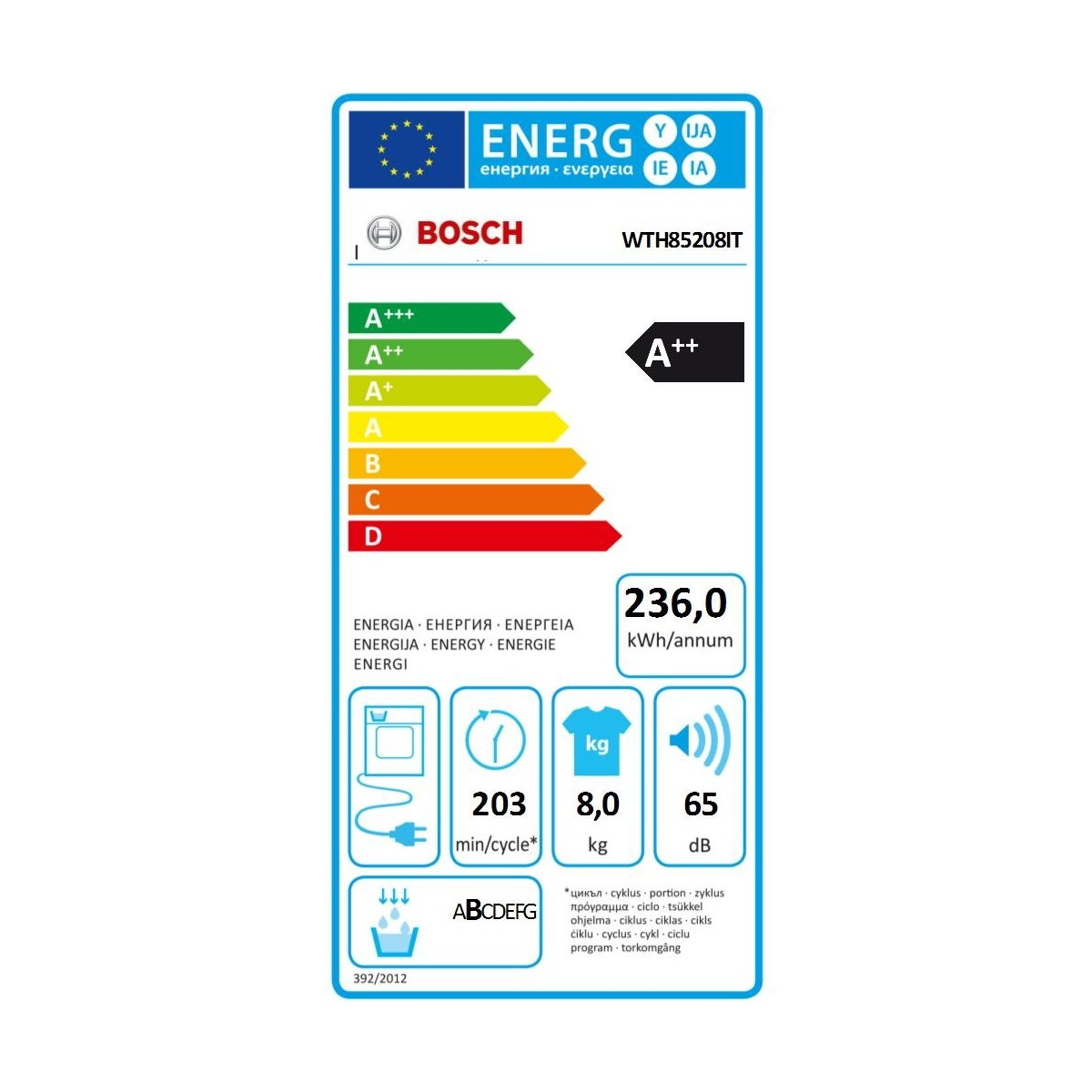 Etichetta energetica per lavatrice Bosch. Mostra efficienza, consumo e altri dettagli tecnici.