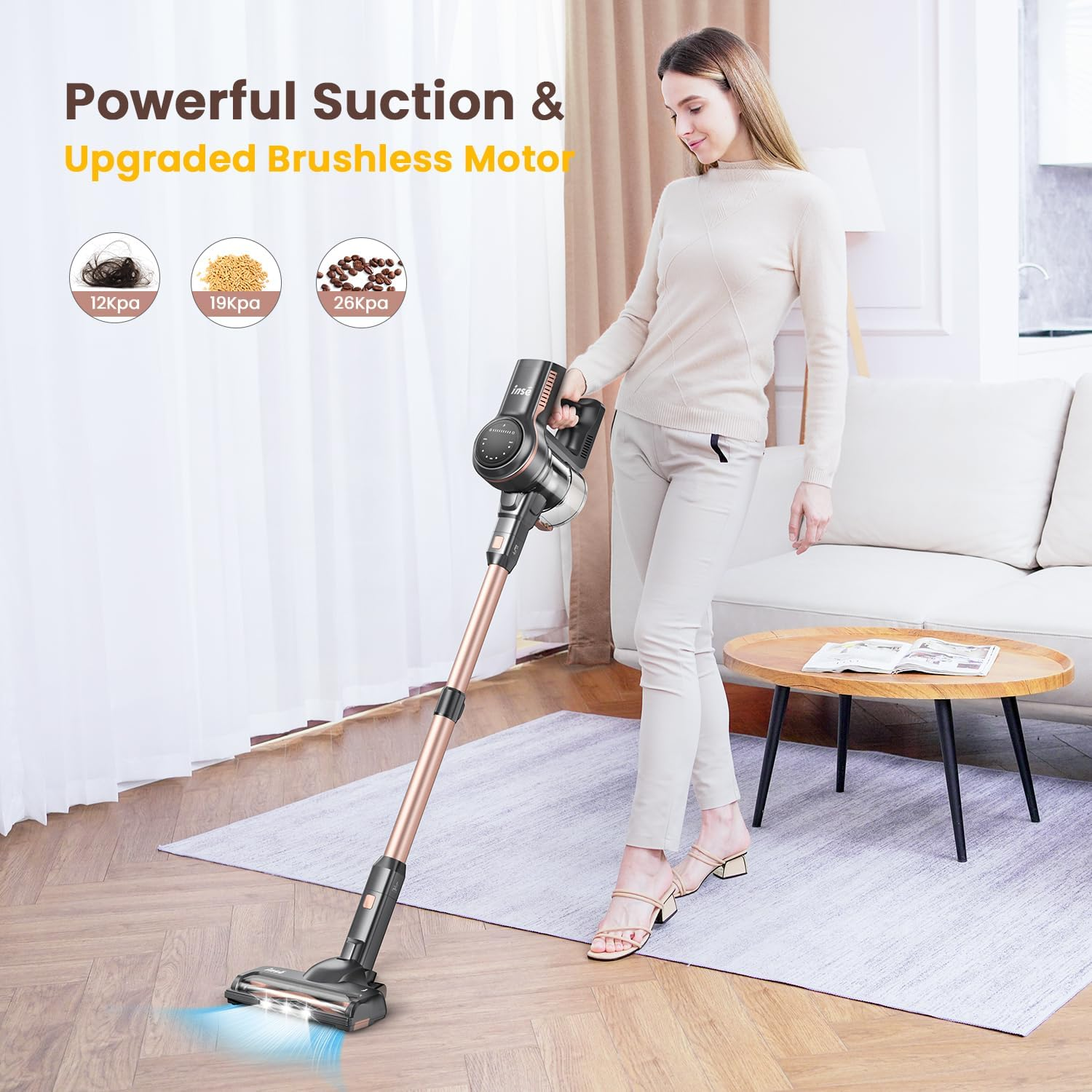 Woman using a cordless vacuum cleaner. The text indicates 'Powerful Suction & Upgraded Brushless Motor'. Room has a sofa, rug, and table.