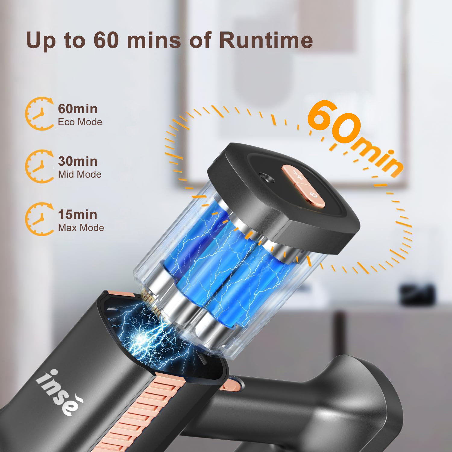 Odkurzacz ze szczegółami baterii. Wyświetla czas pracy 60 min, 30 min, 15 min. Marka 'insé' jest widoczna na uchwycie.