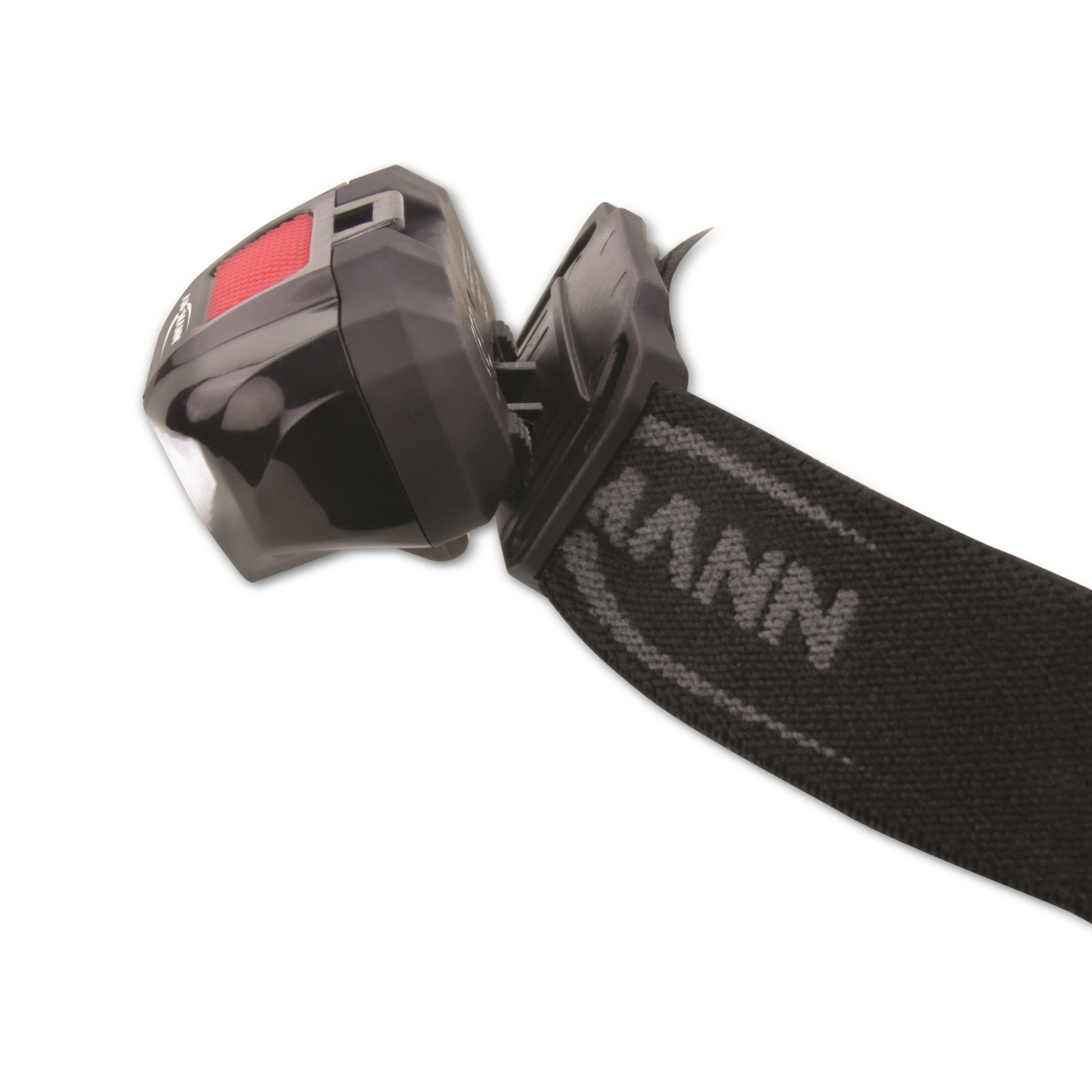 Czarna latarka czołowa z czerwonym przyciskiem i czarnym paskiem z napisem 'MANN' na białym tle.