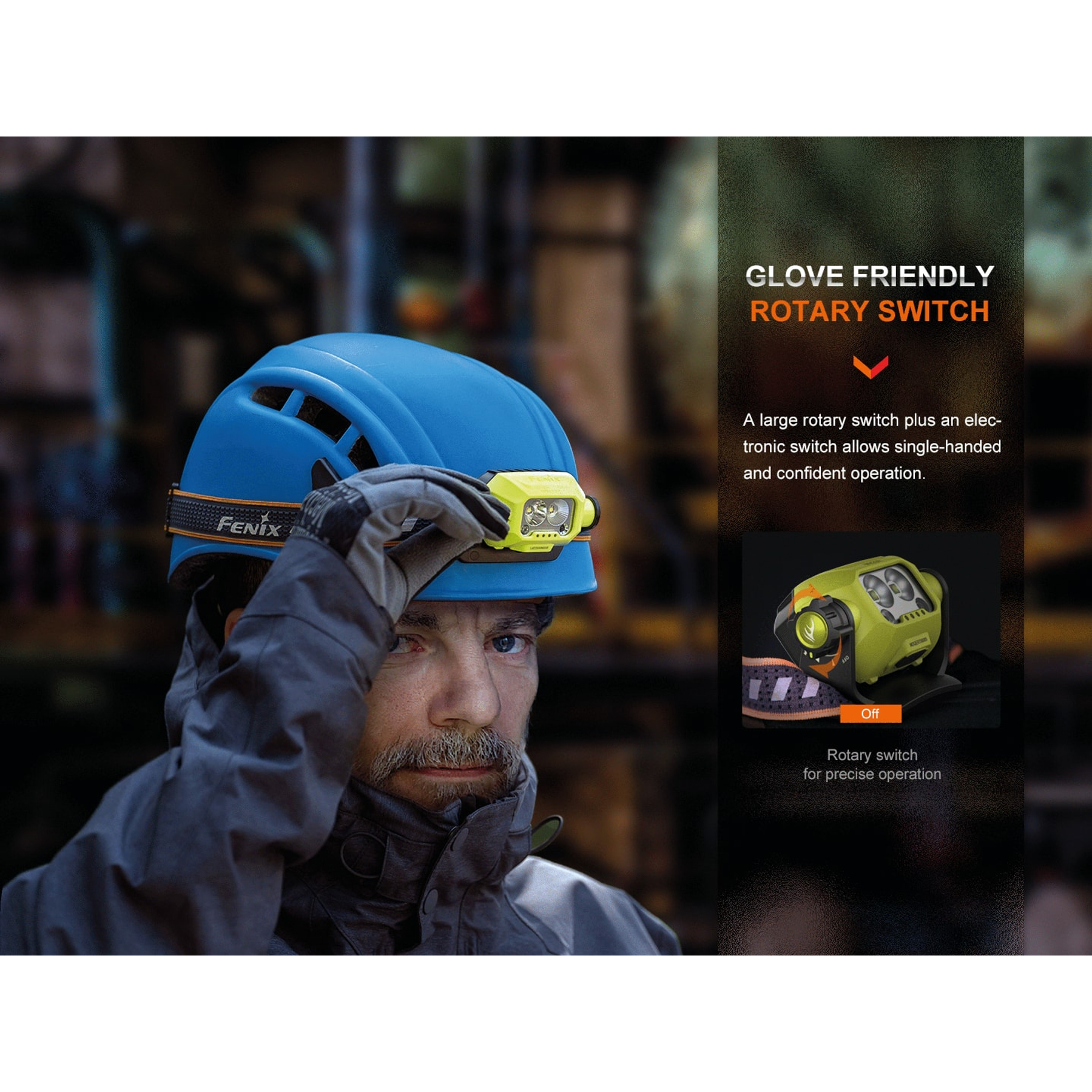 Mann mit blauem Helm und Stirnlampe. Er justiert den Helm. Text beschreibt die Drehschalterfunktion.