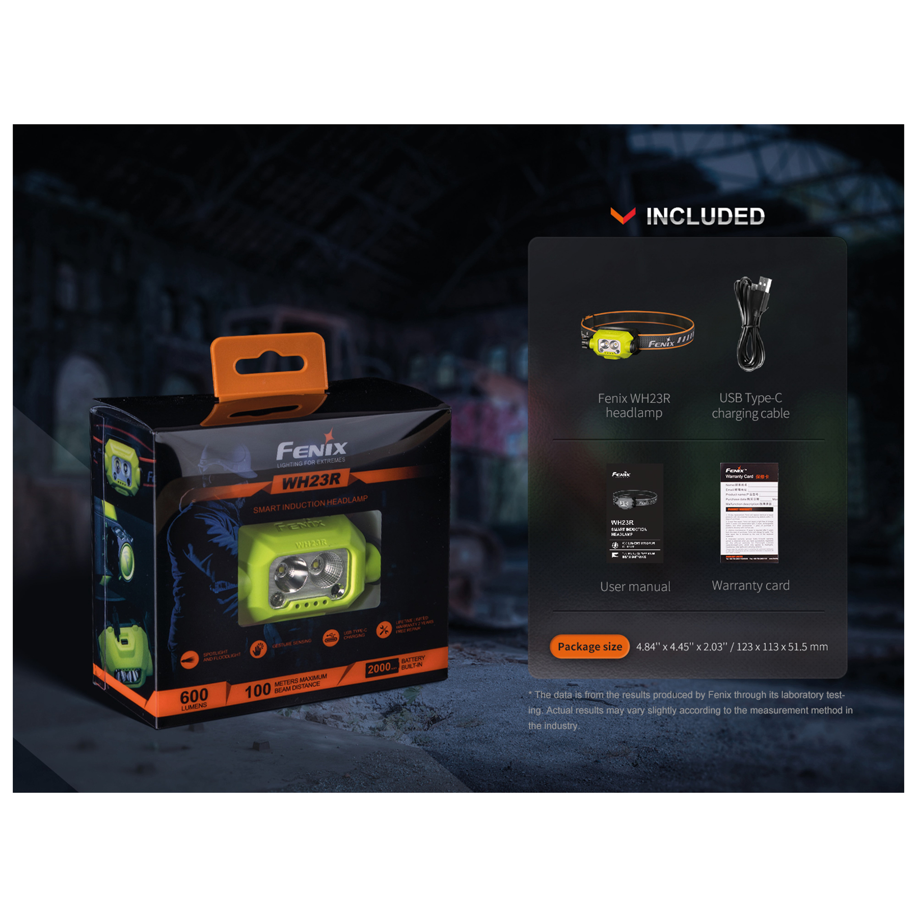 Box mit Stirnlampe, USB-Kabel, Handbuch und Garantie. Die Stirnlampe ist neongrün. Details auf der Box umfassen Lumen und Reichweite.