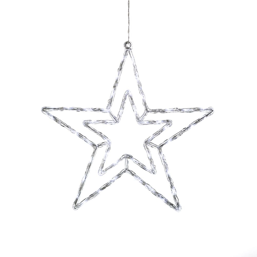 Una decorazione a forma di stella appesa con un contorno di luci bianche. La stella ha due strati, con una piccola stella all'interno di una più grande.