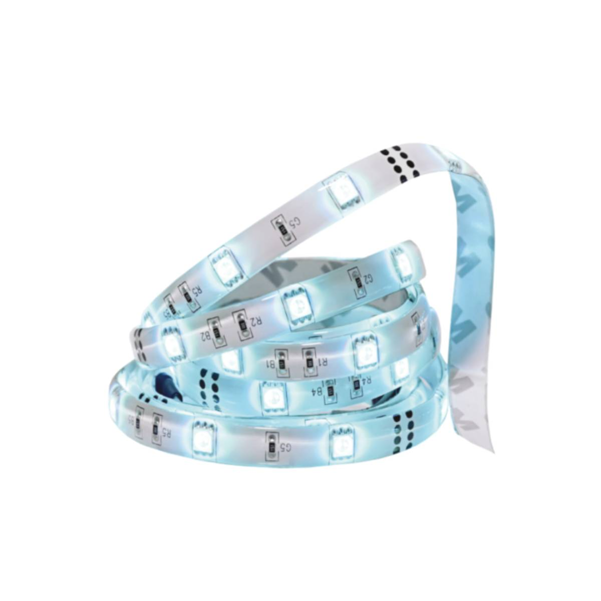 Una striscia luminosa a LED arrotolata con luci bianche brillanti. La striscia ha un retro bianco con adesivo e segni neri.