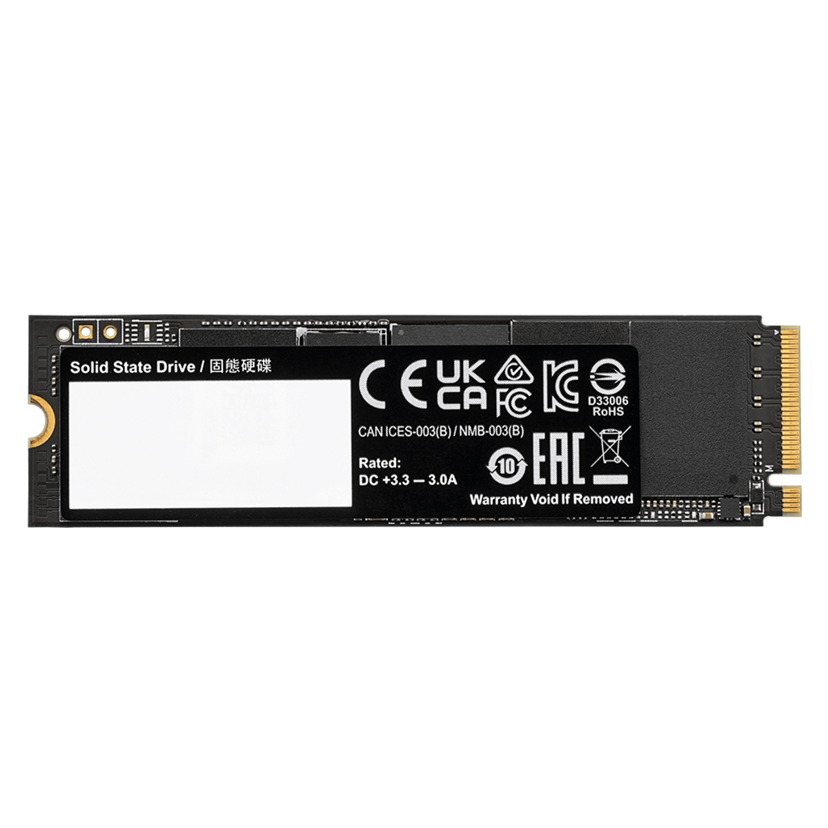 Eine schwarze und silberne Solid-State-Festplatte (SSD) auf weißem Hintergrund. Sie hat Text und Logos wie 'Solid State Drive' und Sicherheitszertifizierungen.