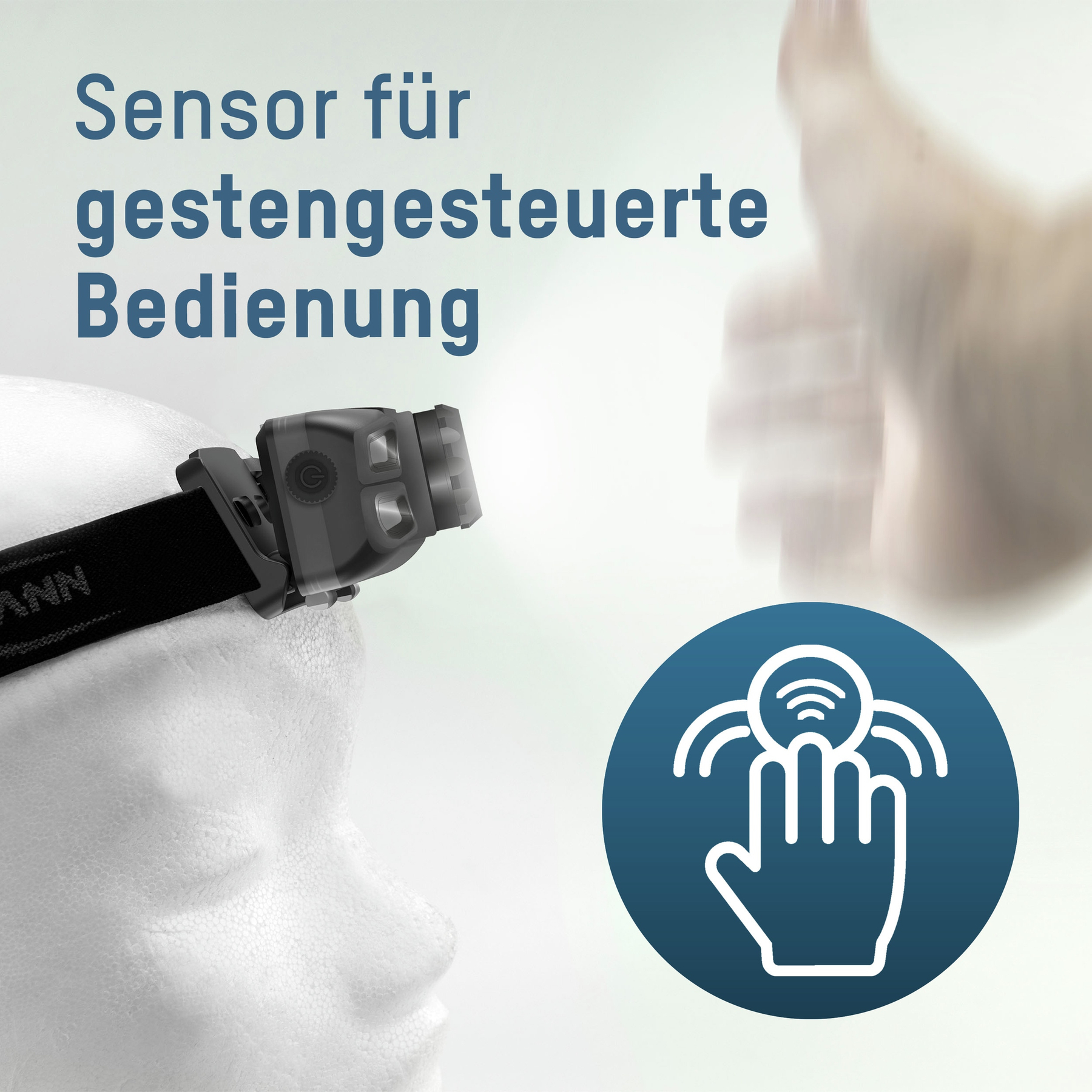 Eine Stirnlampe auf einem Schaufensterkopf. Ein Hand-Symbol und deutscher Text sind im Bild. Eine verschwommene Hand gibt einen Daumen hoch.