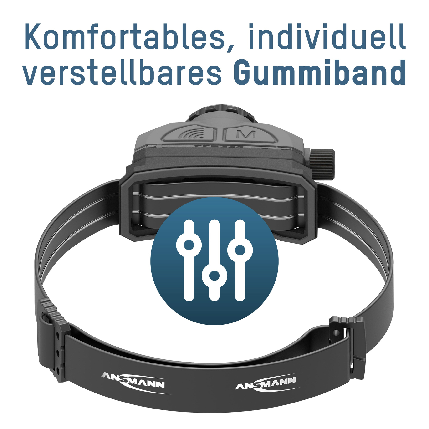 Eine schwarze Stirnlampe mit verstellbarem Riemen. Ein blauer Kreis zeigt weiße Schiebereglersymbole.