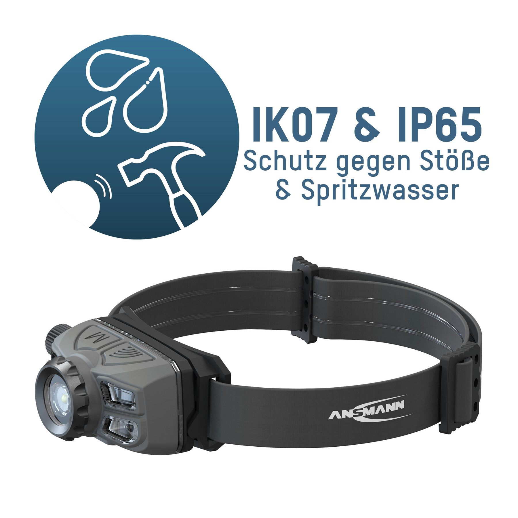 Stirnlampe mit grauem Gehäuse und schwarzem Riemen. Text: IK07 & IP65. Symbole: Wassertropfen, Hammer und Kugel.