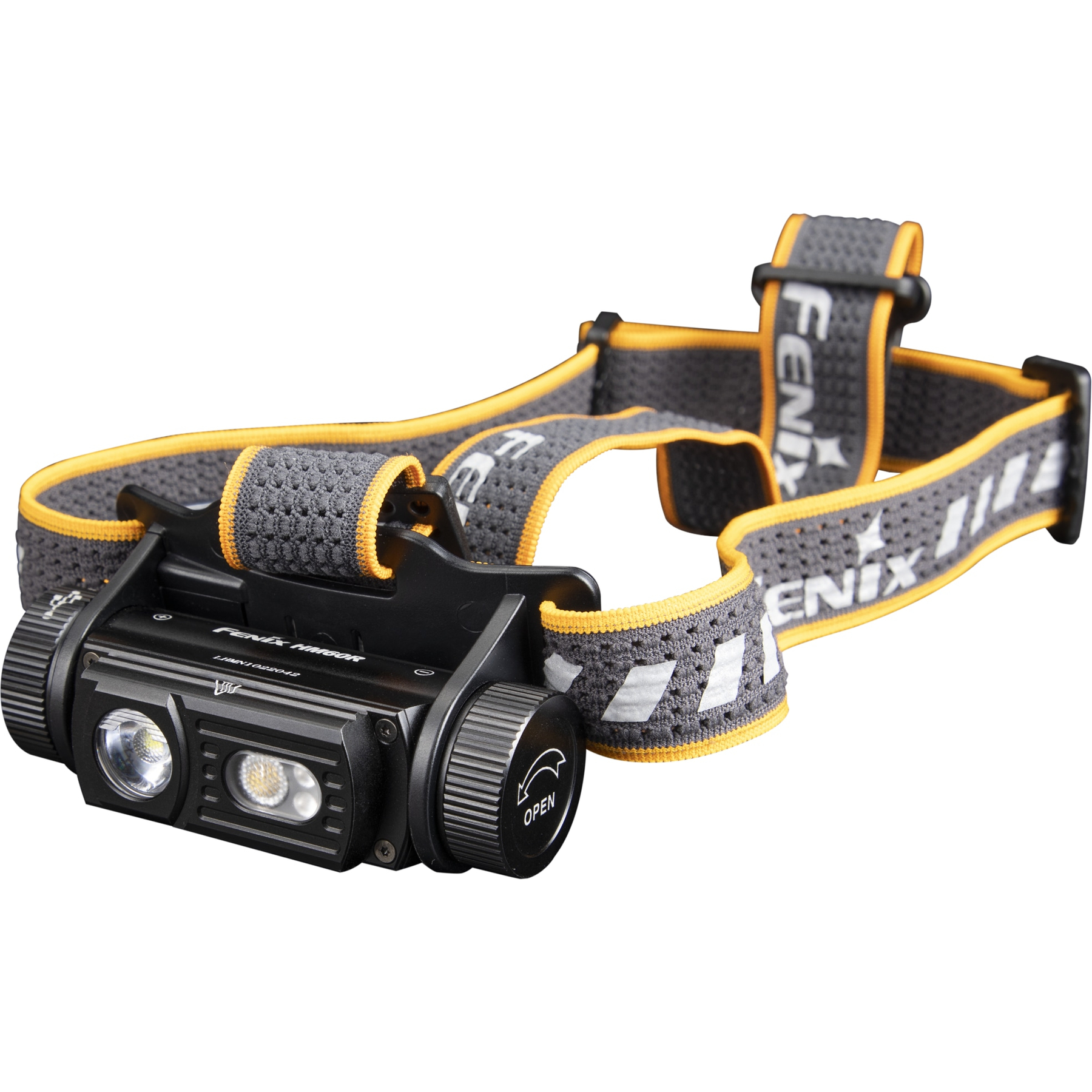 Czarna latarka czołowa z szarym i żółtym paskiem. Latarka ma dwa światła, a pasek ma napis 'FENIX'.