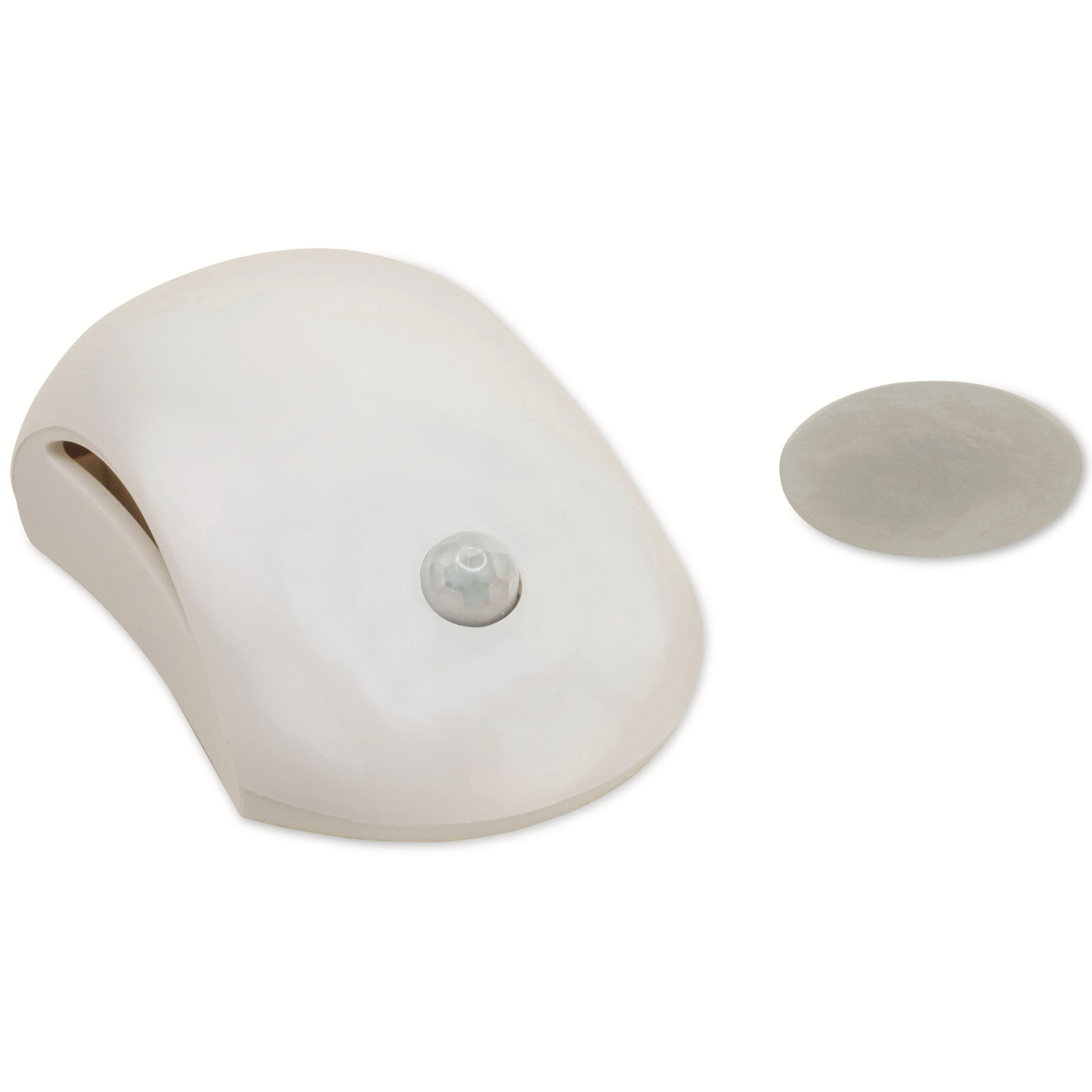 Biała lampa z czujnikiem ruchu z odłączonym owalnym szarym kamieniem, oba na białym tle.