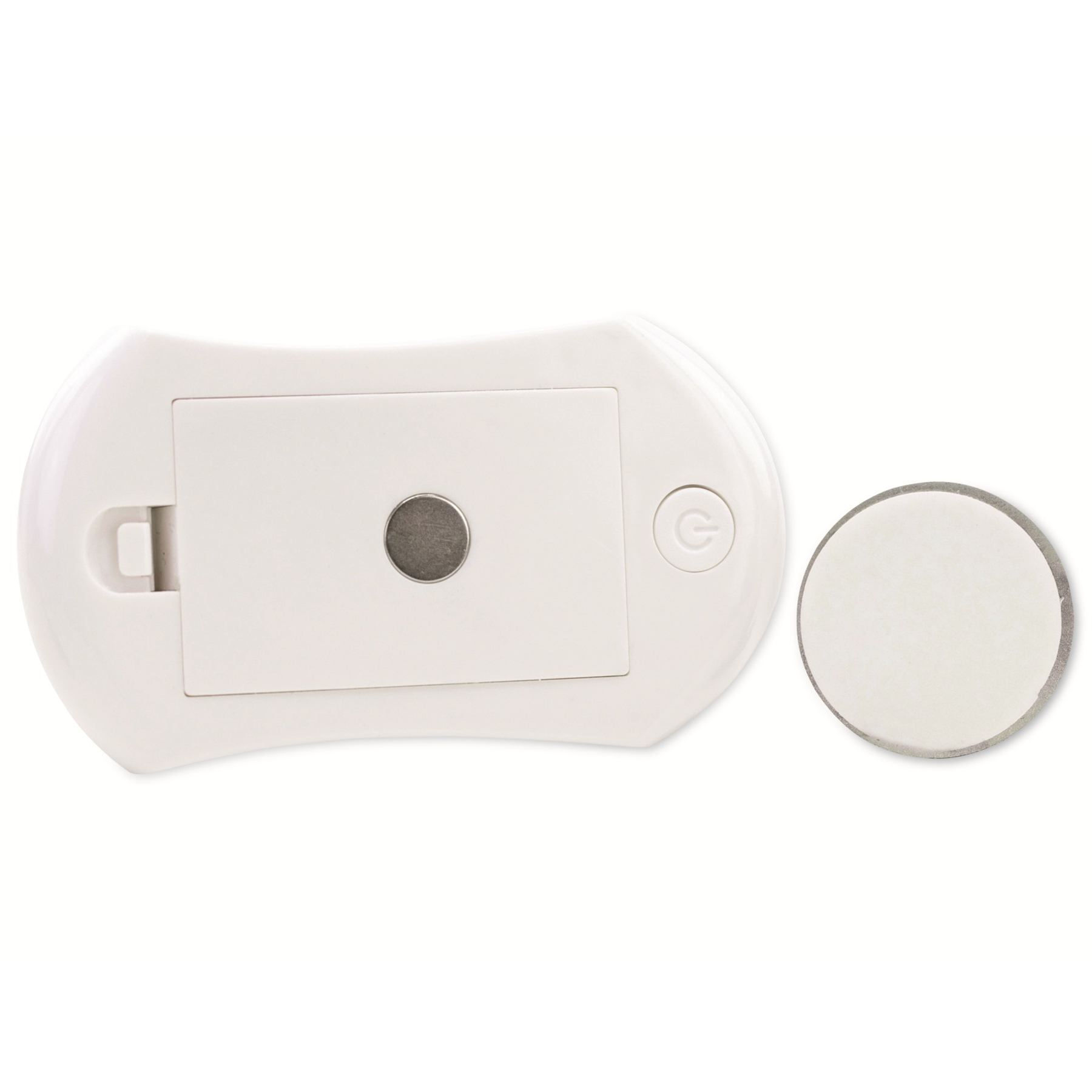 Białe, zakrzywione urządzenie z przyciskiem i okrągłym kawałkiem z klejem na białym tle.
