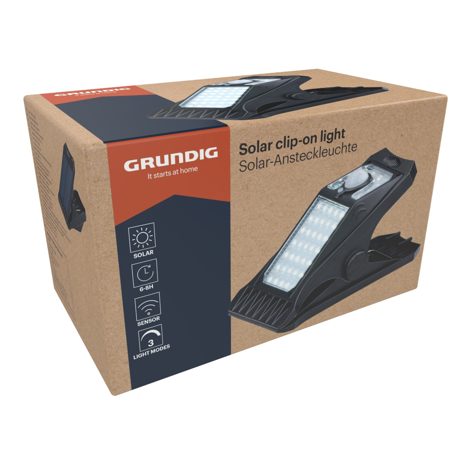 Een solar clip-on lamp in een kartonnen doos. De doos heeft het Grundig logo, productinfo en functies.