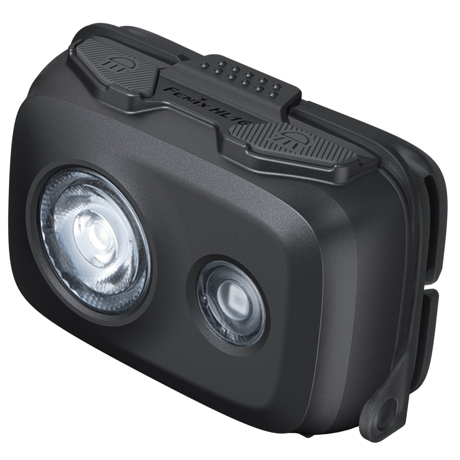 Eine schwarze Fenix HL16-Stirnlampe. Sie hat zwei Lichter, Knöpfe und den Markennamen oben. Sie besteht aus Kunststoff.