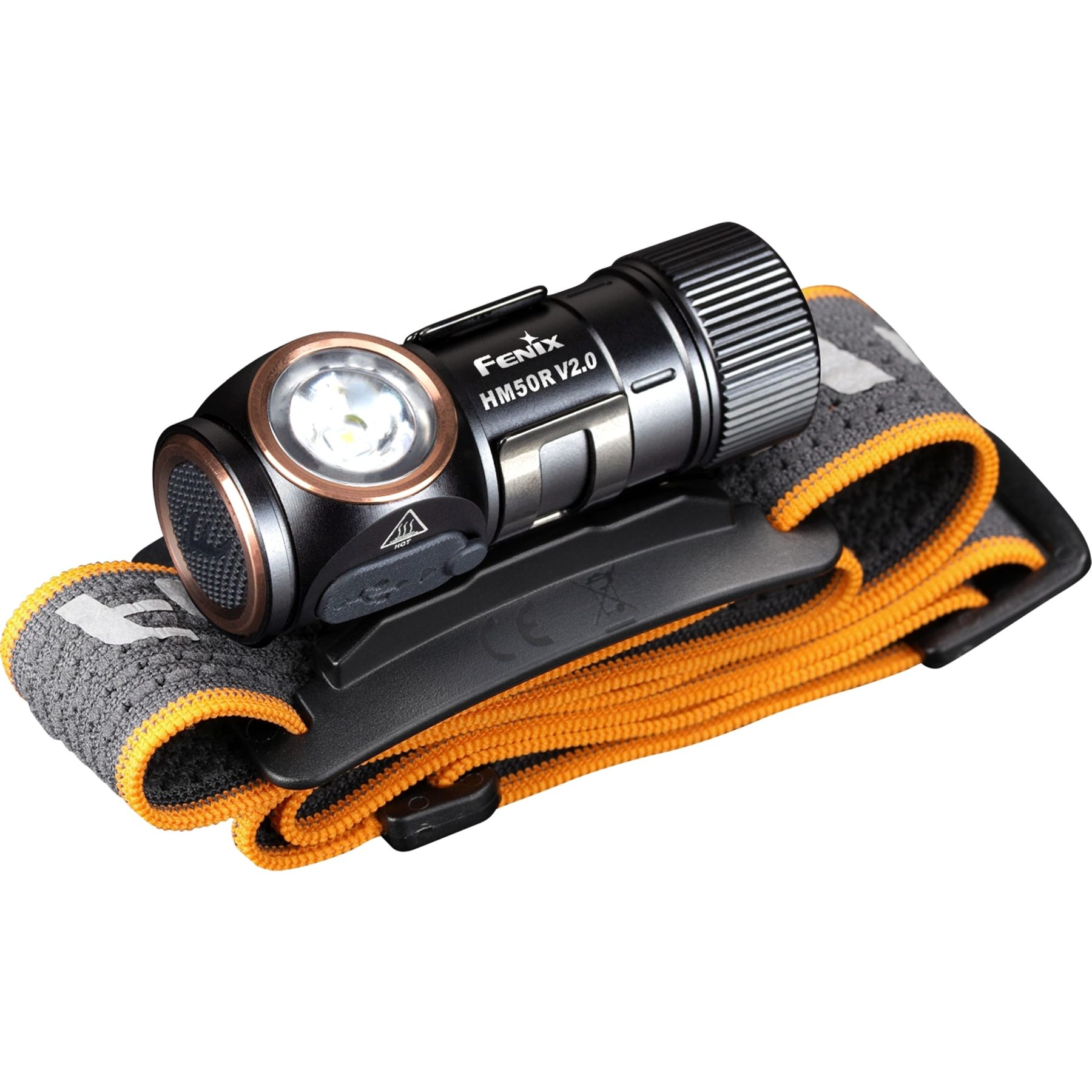 Une lampe frontale Fenix HM50R V2.0. Elle est noire avec une lunette cuivrée. La lampe est posée sur une sangle grise et orange.