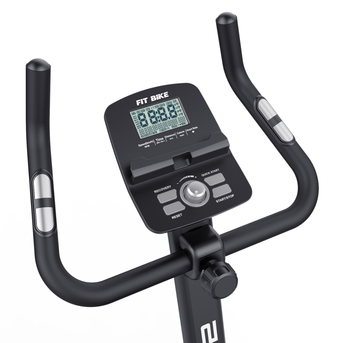 A black exercise bike console with digital display showing numbers. Handlebars with silver accents, buttons for start/stop and recovery.