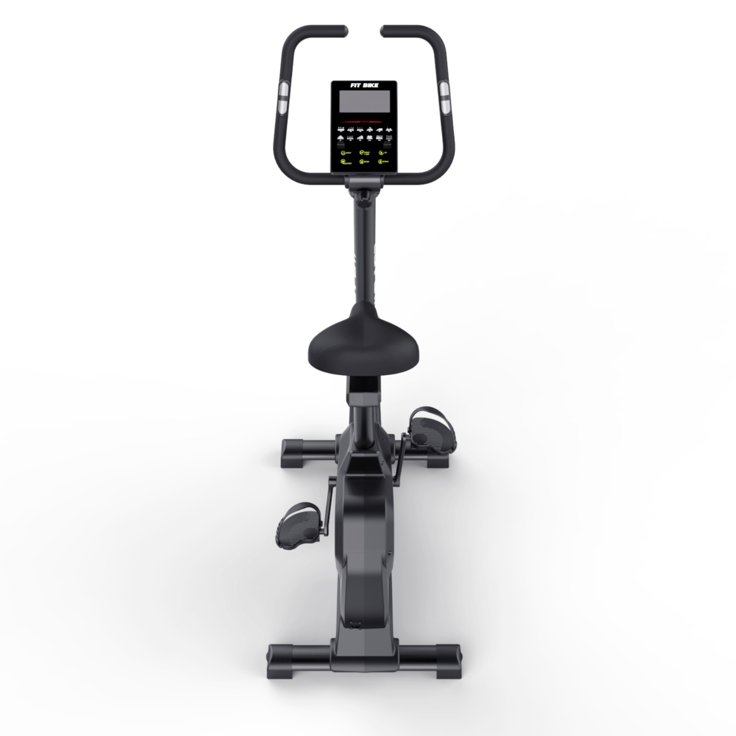 Een zwarte hometrainer op een witte achtergrond. Het heeft een display, zadel, pedalen en stuur, allemaal in donkergrijs.