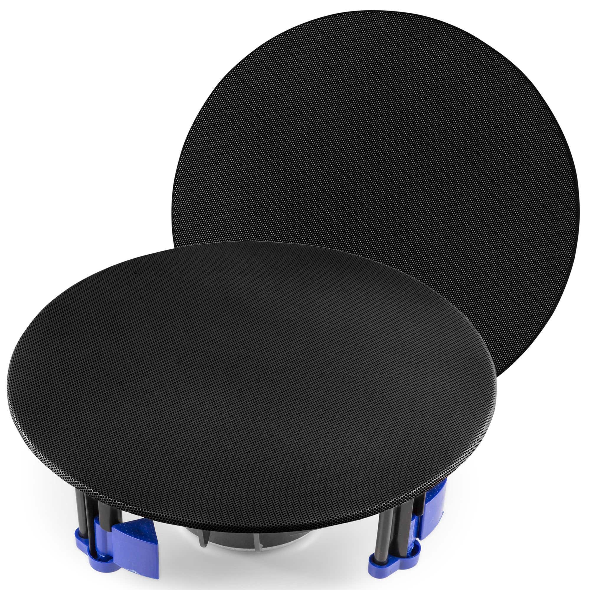 Dos cubiertas negras circulares para altavoces. Una está levantada, mostrando soportes azules. Fondo blanco.