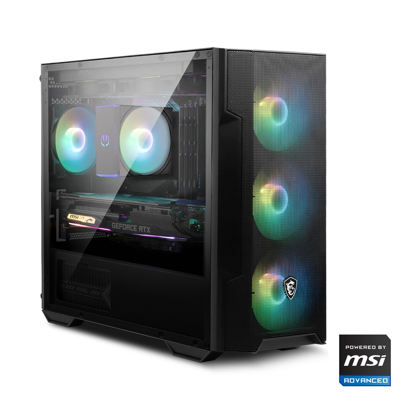 Un case per PC nero con pannello laterale in vetro, ventole RGB e una scheda grafica. Il logo MSI è visibile. Il case è su sfondo bianco.