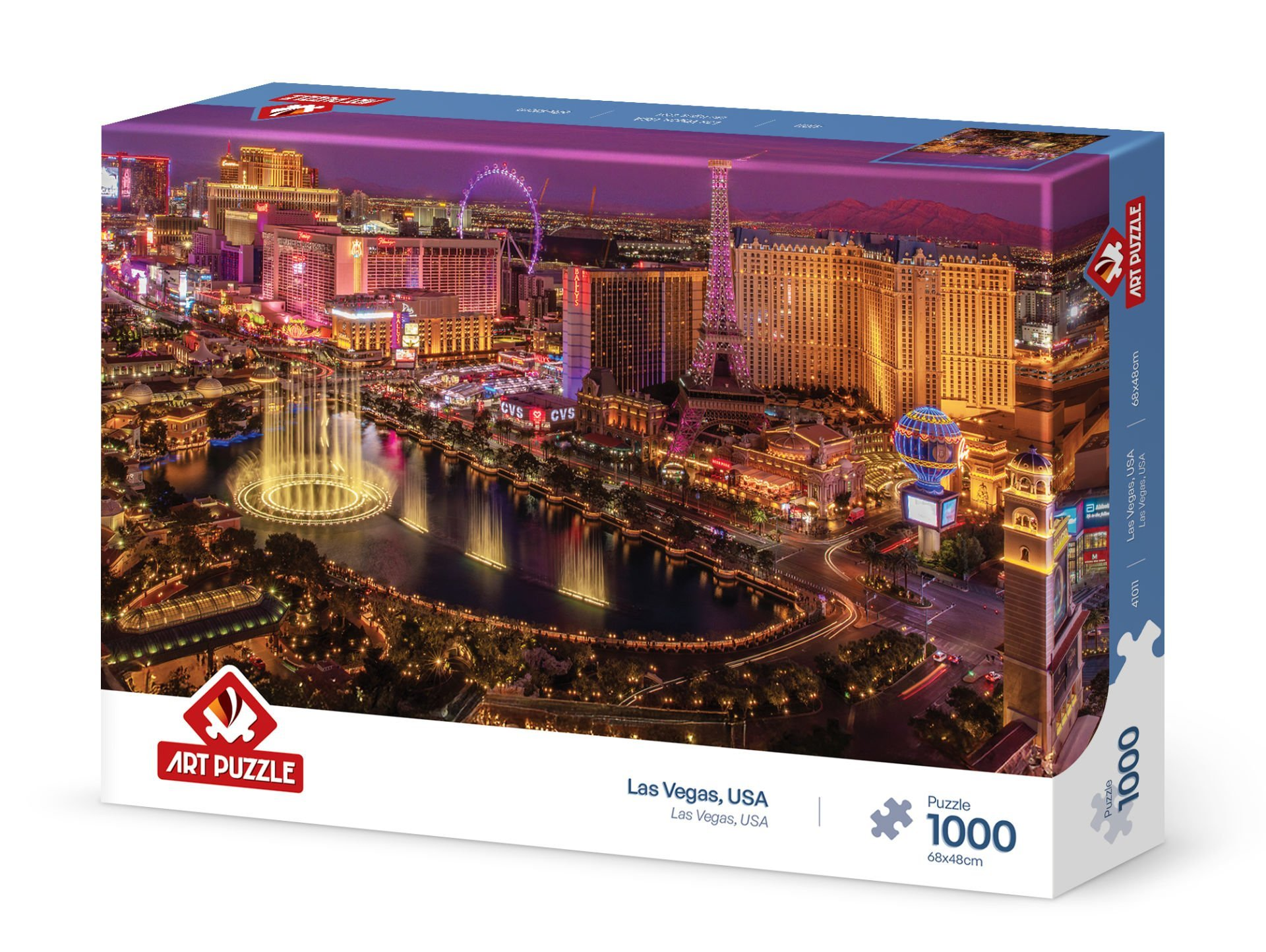 Las Vegas yapboz kutusu. Çeşmeler, Eyfel Kulesi ve dönme dolap ile şehir manzarası. Parlak ışıklarla gece manzarası.