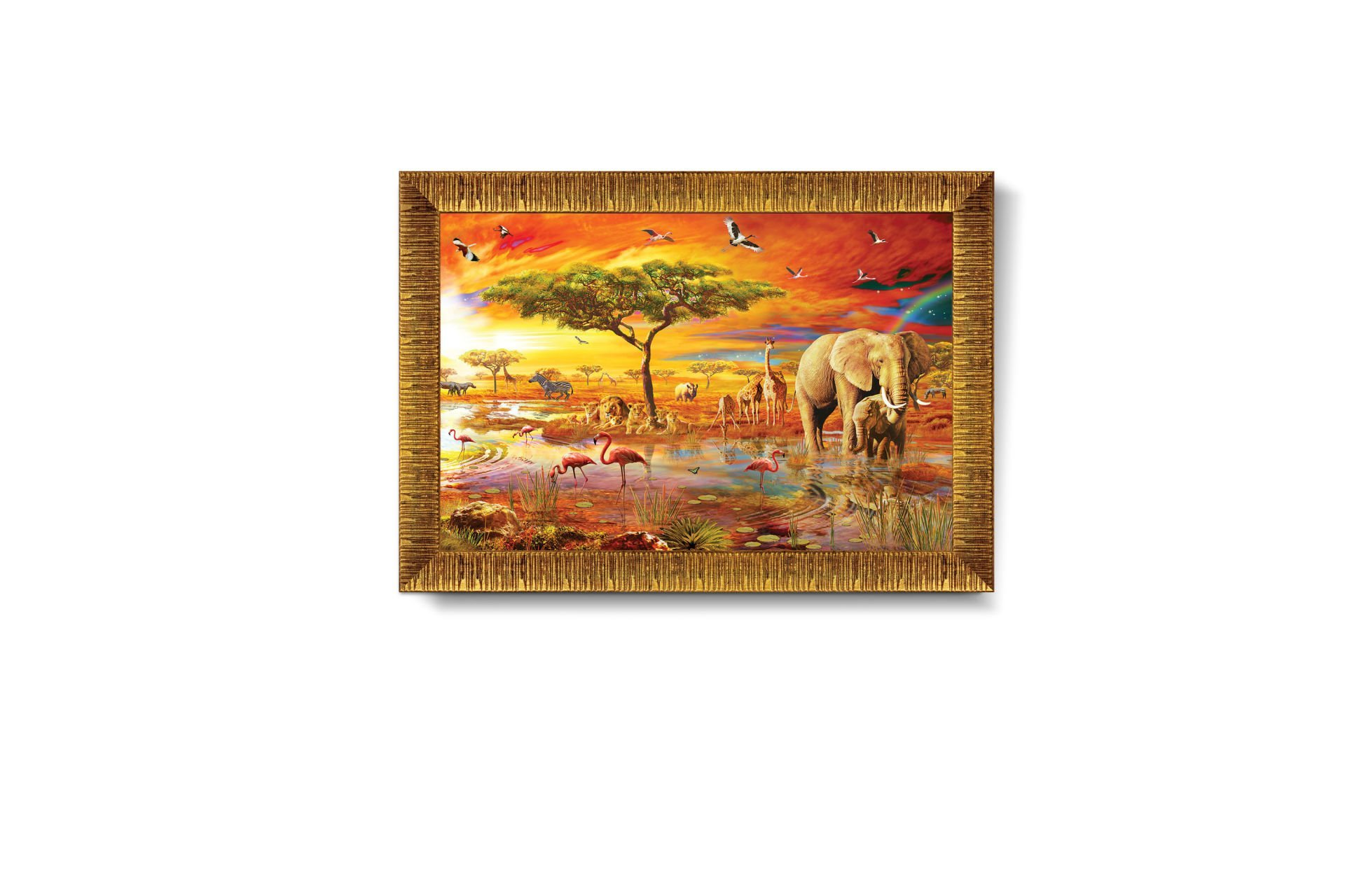 Altın çerçeveli bir Afrika savana resmi. Filler, zürafalar, flamingolar, aslanlar ve zebralar manzarayı dolduruyor.