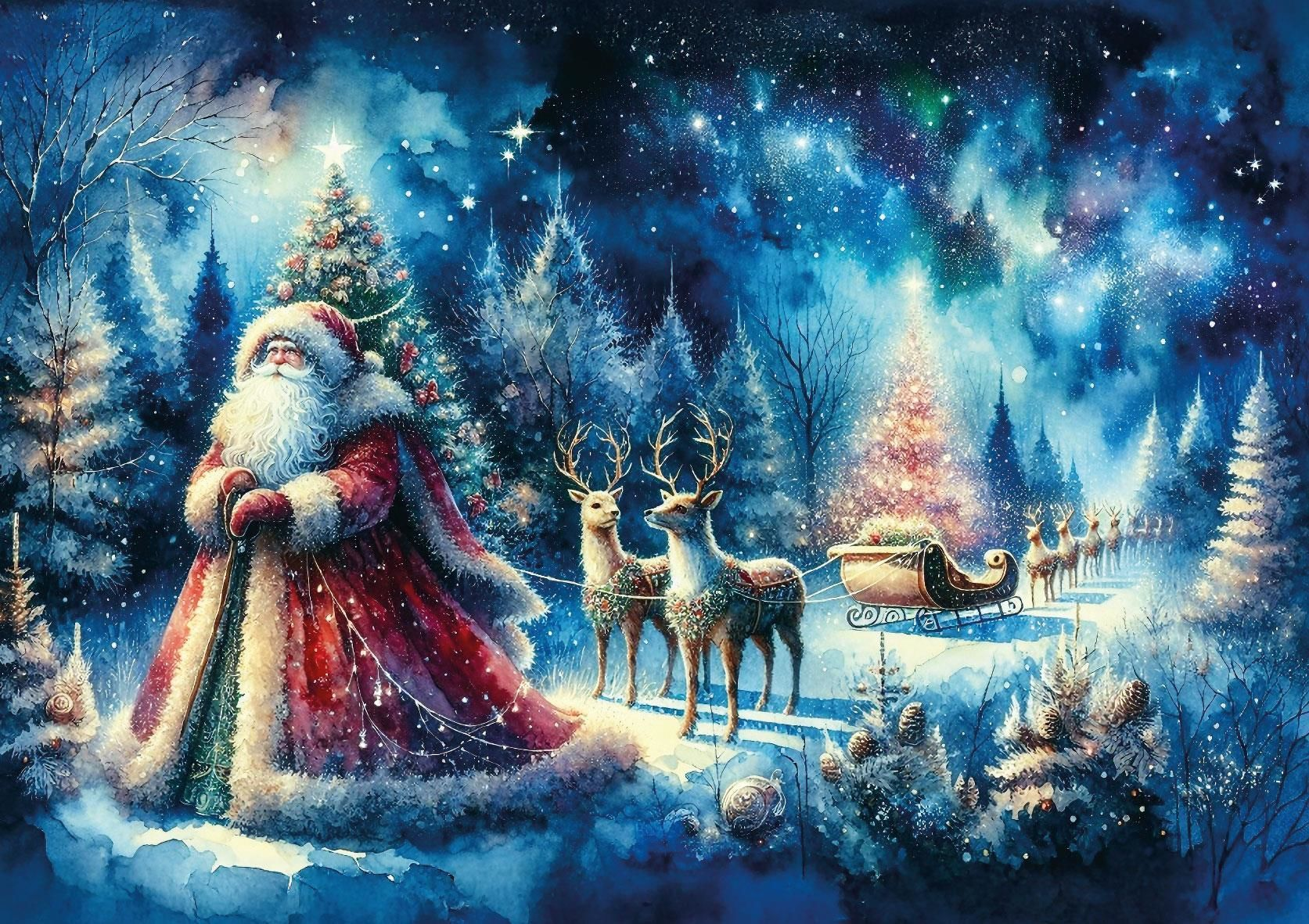 Kırmızı paltolu Noel Baba, süslü bir Noel ağacının yanında duruyor. Geyikler, yıldızlı bir gökyüzü altında karlı bir ormanda kızağı çekiyor.