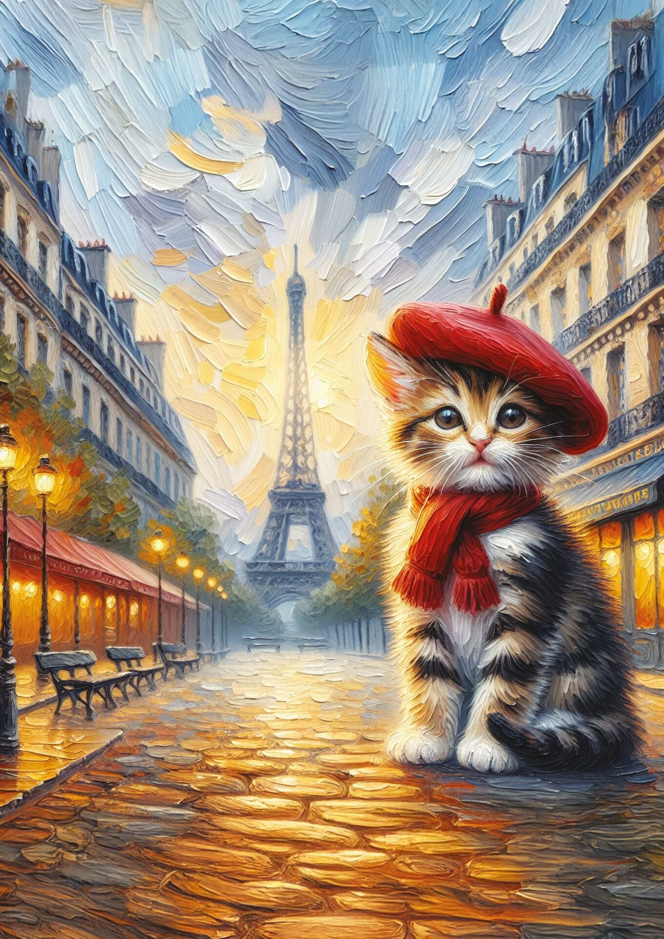 Kırmızı bere ve atkı takan bir yavru kedi, Paris'te Arnavut kaldırımlı bir sokakta oturuyor, arka planda Eyfel Kulesi var.