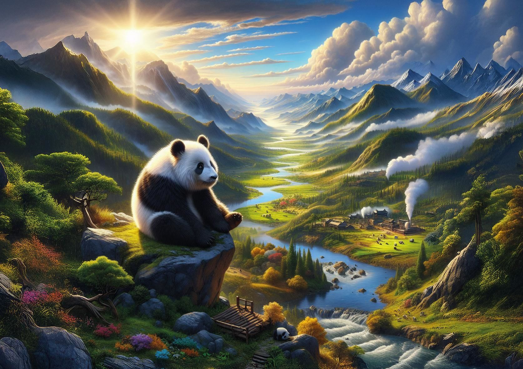 Bir panda, nehirin olduğu bir vadiye bakan bir kayanın üzerinde oturuyor. Arka planda dağlar, ağaçlar ve bir köy, parlak bir güneş.