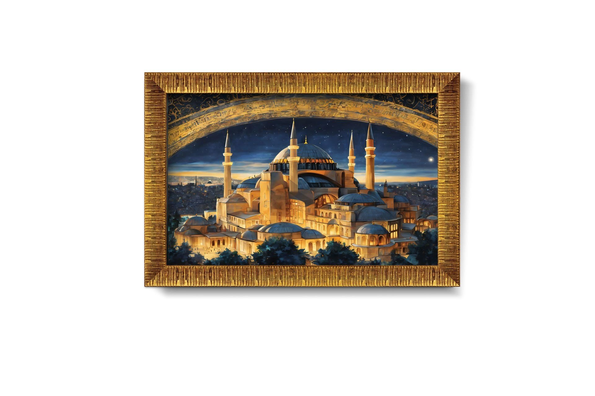 Altın çerçeveli Ayasofya tablosu. Bina, gece gökyüzü altında altın ışıklarla aydınlatılıyor.