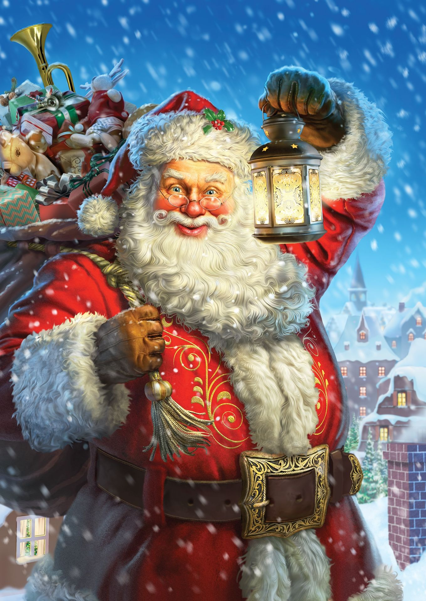 Kırmızı takım elbiseli Noel Baba, elinde fener ve hediye çantası, evlerle karlı arka plan.